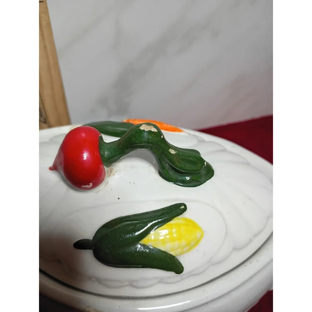 Vintage Ceramic Gravy Boat with Lid Vegetable Harvest Corn Carrot Radish White